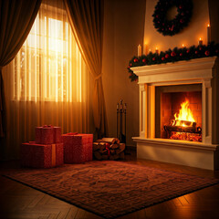 Room with a fireplace lit by morning light and with christmas decoration
