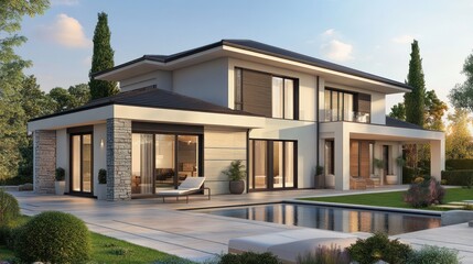 Modern two-story house with a pool and landscaped garden in a serene setting.