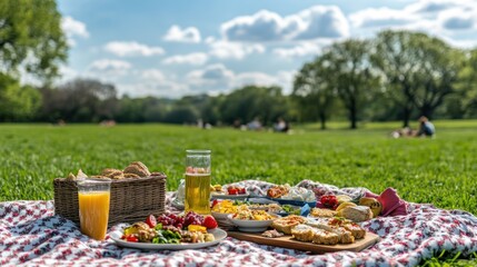 A picnic blanket laid out on a grassy lawn with a spread of food, including fruit, bread, and salad, with a glass of juice and beer.