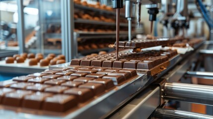 Chocolate Bar Production Line with Chocolate Being Poured into Molds