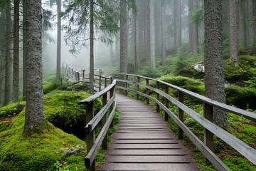 Obraz premium Misty Morning in Lush Green Forest With Serpentine Wooden Boardwalk : Generative AI