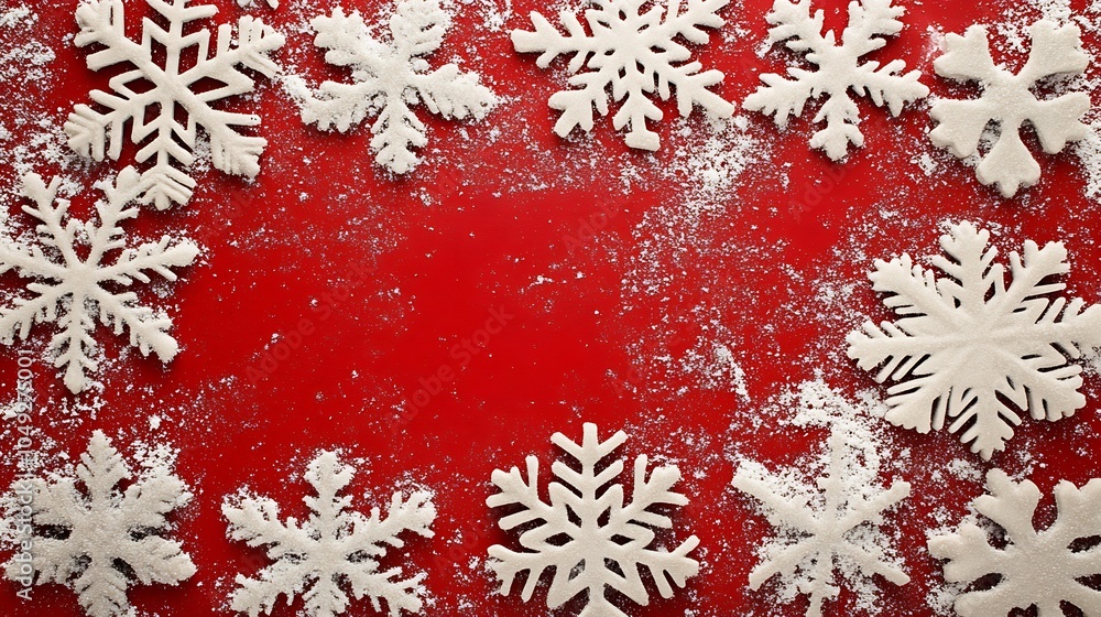 Aufkleber assorted white snowflakes on bright red background with winter seasonal vibes : generative ai