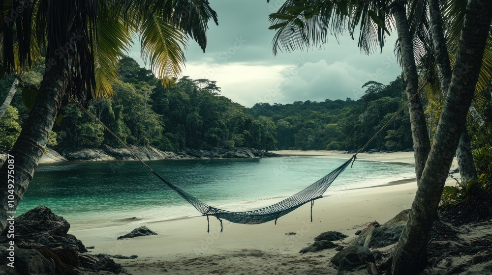 Poster A hammock hangs between two palm trees on a secluded beach.