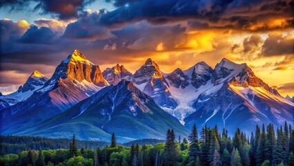 Obraz premium Majestic mountains rise against a canvas of deep blues and purples, as the sun dips below the horizon, casting a golden glow, landscape, deep blues, horizon