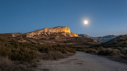 Obraz premium A dirt path leads towards a mountain illuminated by a full moon in the night sky.