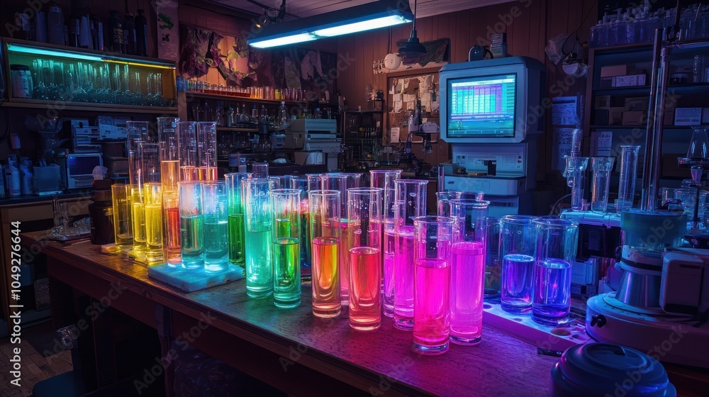Poster a laboratory table with rows of beakers filled with brightly colored liquids, illuminated by a uv la