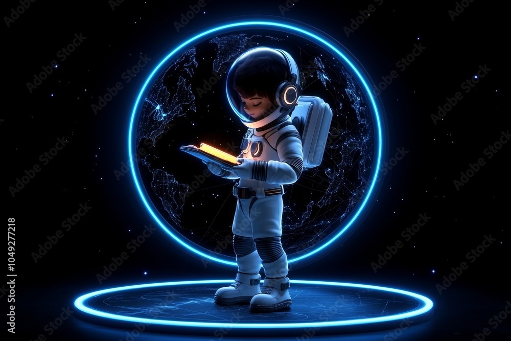 Poster a 3d-illustrated character taking notes on a digital pad during a futuristic space mission briefing,