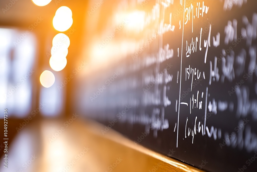 Poster Mathematical Equations on Classroom Blackboard with Soft Focus and Bokeh Lighting : Generative AI