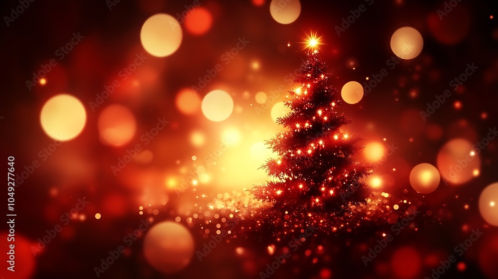 Aufkleber christmas tree with glowing lights and bokeh effects in red and gold tones : generative ai