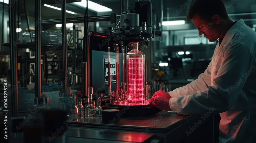 Poster a scientist in a lab coat and gloves operates a machine that is filling a glass bottle with red liqu