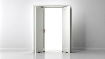 Open white door isolated on white background in wide-angle view