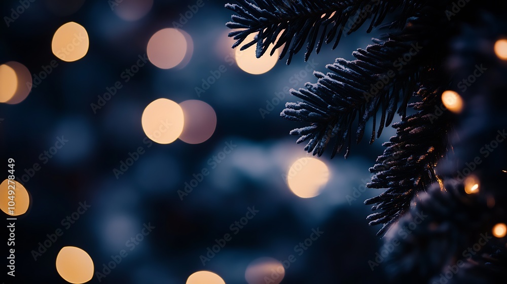 Aufkleber FrostCovered Pine Leaves with Soft Bokeh Lights Capturing a Calm and Quiet Winter Mood : Generative AI