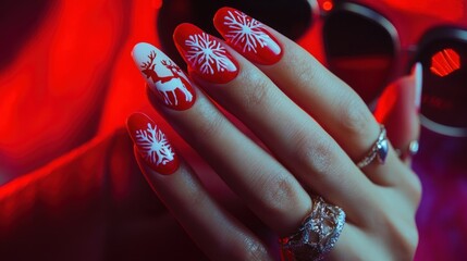 Closeup of a woman's hand with red and white Christmas nail art.