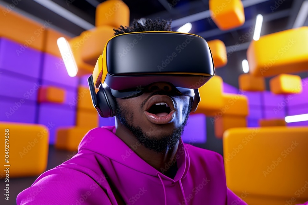 Aufkleber A digital 3D image of a person taking up virtual reality gaming, immersed in a colorful, interactive world with vibrant visuals