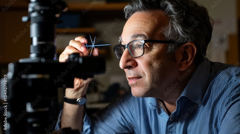 Poster a scientist examines a small sample under a microscope in a laboratory setting.