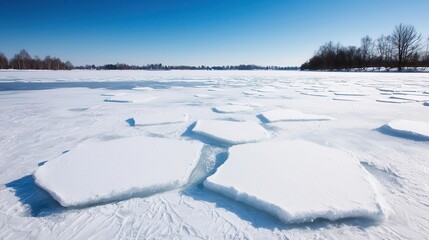 Obraz premium Frozen lake with intricate ice patterns, surrounded by snowcovered landscapes, frozen lake, winter s stillness