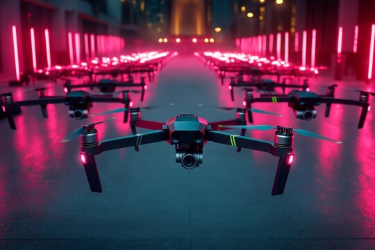 A drone racing competition, with multiple drones taking off simultaneously from a neon-lit starting gate