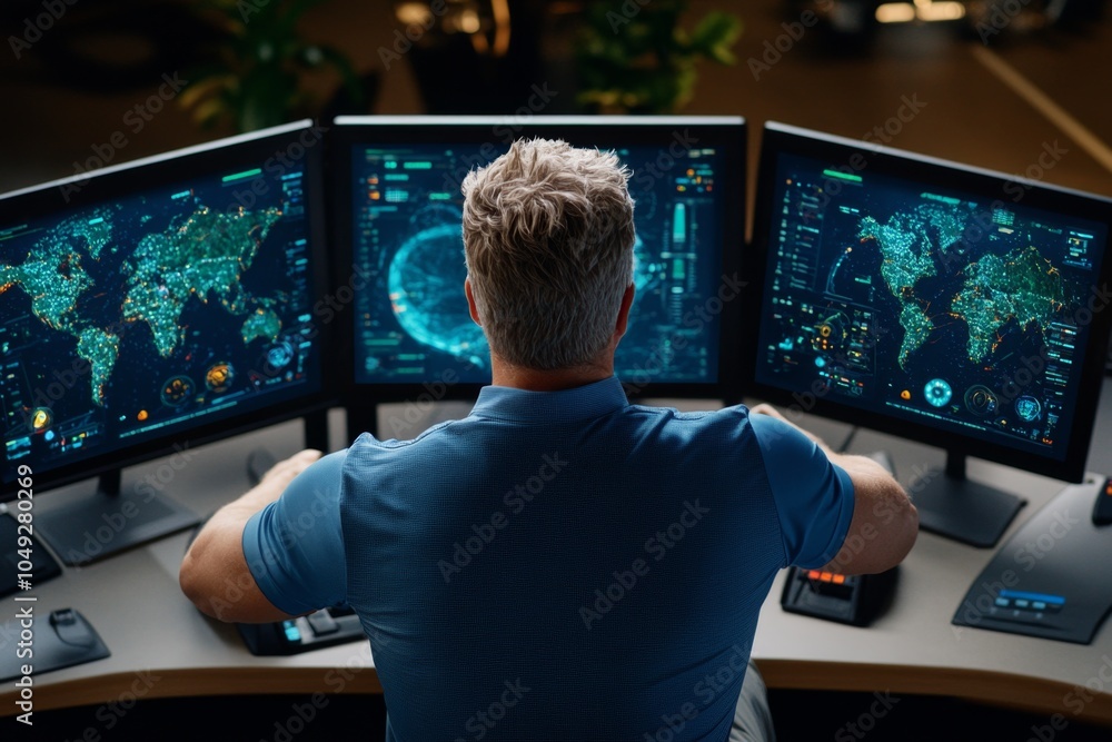 Poster A futuristic AI taking over a control center, with glowing holographic screens displaying data and high-tech interfaces
