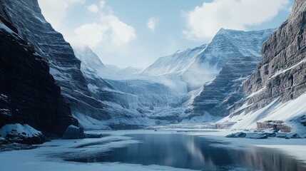 A frozen lake nestled amidst towering snow-capped mountains, with a clear blue sky and wispy clouds.