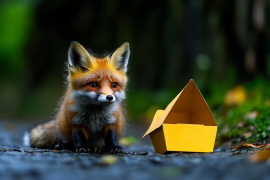 A fox sitting in a forest, with a cleverly designed takeaway box next to it, as if it&acirc;&euro;&trade;s waiting for a meal