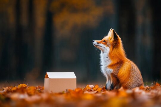 A fox sitting in a forest, with a cleverly designed takeaway box next to it, as if it&acirc;&euro;&trade;s waiting for a meal
