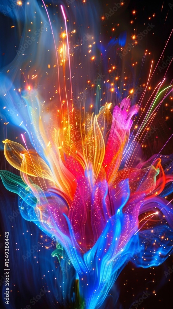 Poster a vivid flower explodes with colors in a mesmerizing display of light. the bright vibrant hues creat