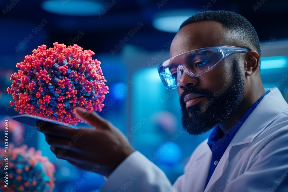 Poster a futuristic scientist taking notes on a holographic tablet, surrounded by advanced technology in a 