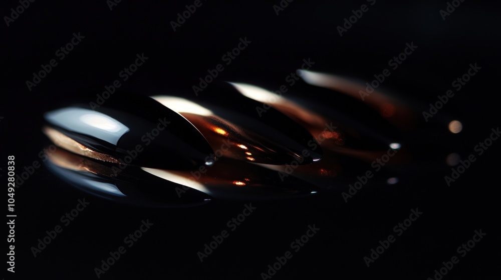 Poster three metallic objects with a reflective surface, reflecting light in a dark background.