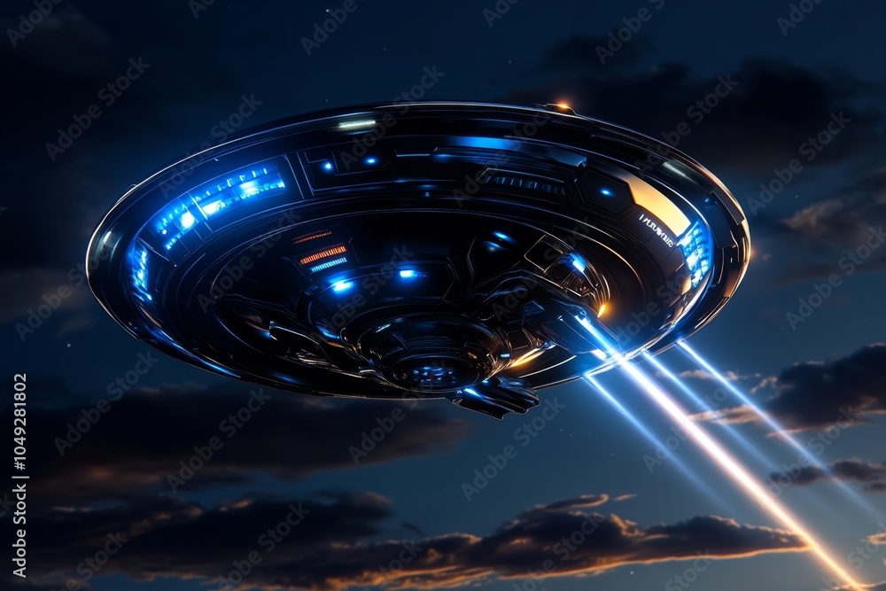 Poster A high-tech spaceship taking over a distant planetâ€™s skies, hovering above a futuristic city with powerful beams of light projecting from it