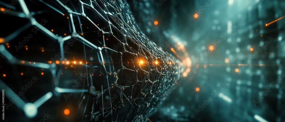 Poster abstract digital network with glowing nodes and connections, illustrating technology and data flow.