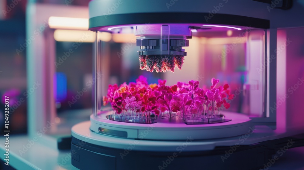 Poster a close-up of a futuristic machine with a robotic arm tending to a cluster of small pink flowers in 