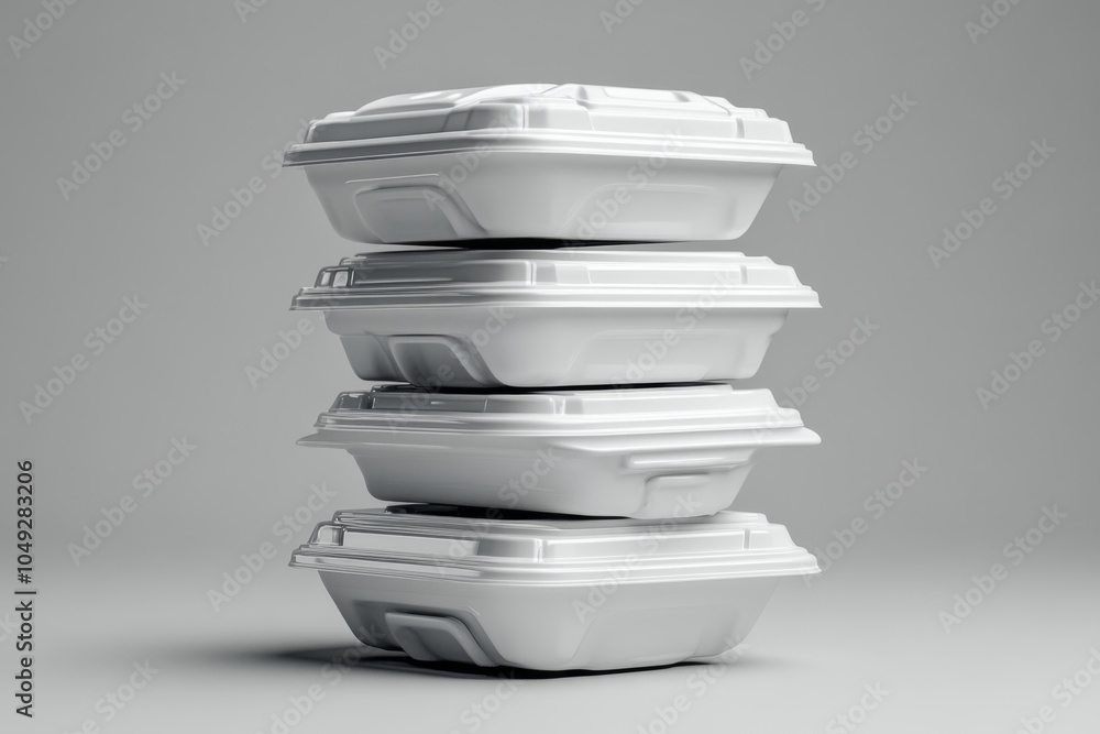 Poster a minimalist stack of takeaway containers with a sleek, modern design, placed on a clean white backg