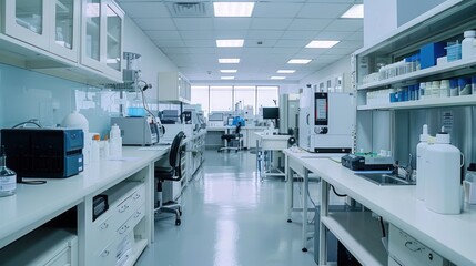 A sterile laboratory interior with scientific equipment and workstations