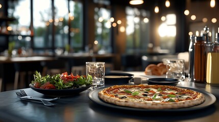 Fototapeta premium Modern Dining Table with Italian Pizza and Fresh Salad : Generative AI
