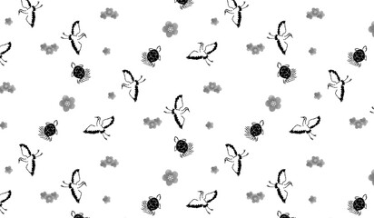 梅と鶴と亀のパターン  てぬぐい風和柄　白黒