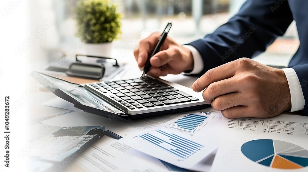 Poster business professional calculating financial reports with graphs and diagrams in modern office settin