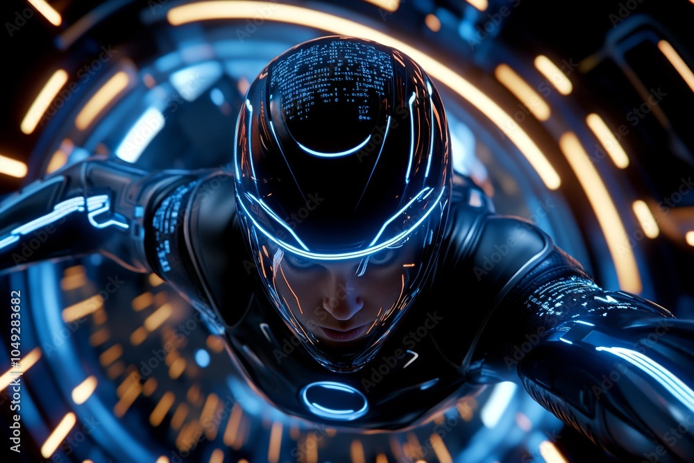 Aufkleber A person in a futuristic suit, pausing time in a bustling digital world with glowing numbers and code surrounding them