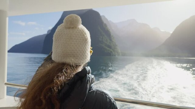 Woman with knit hat looking at beautiful view from tour boat in Milford Sound. Female tourist traveling in New Zealand enjoying sunny day outdoors in Fiordland cruise ship sailing by fiords and cliffs
