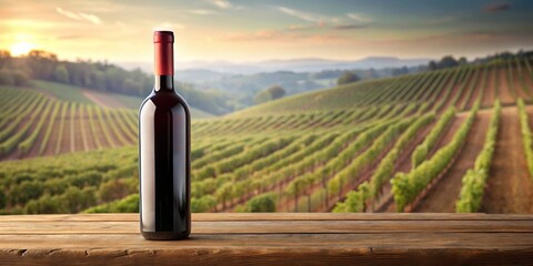 red wine bottle mockup with vineyard in the background