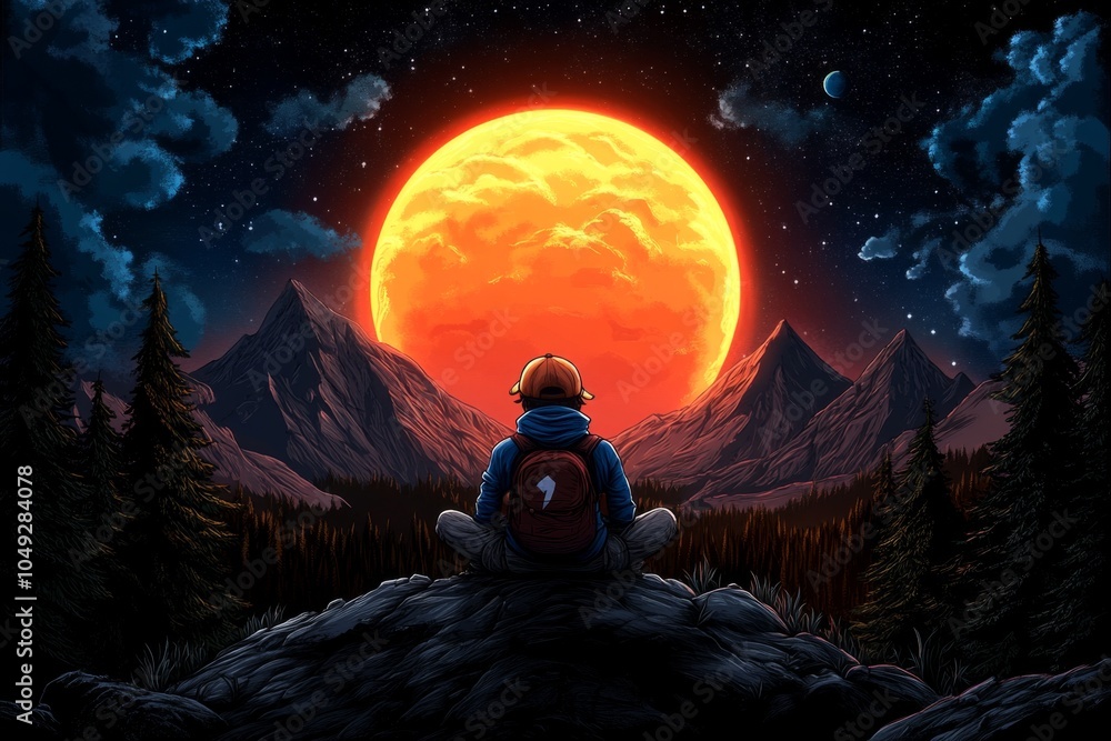 Aufkleber a pixel art character sitting on a hill, taking time to watch a pixelated sunset, with trees and mou