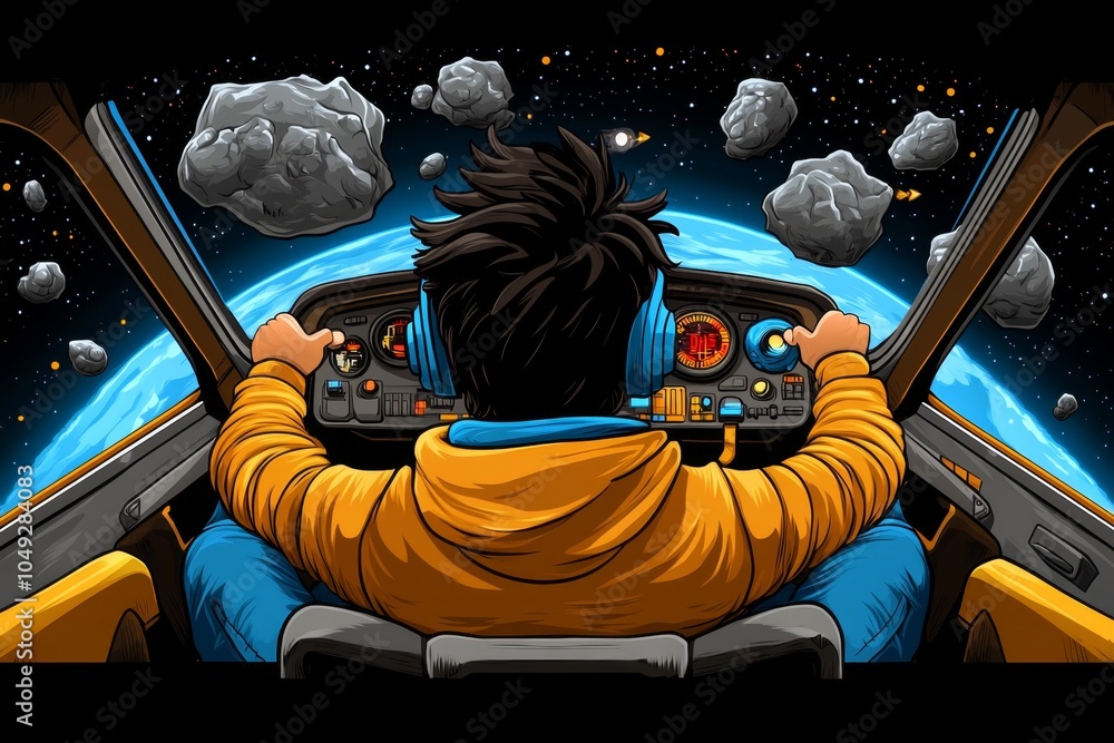 Aufkleber A pixel art character taking control of a spaceshipâ€™s controls, navigating through asteroid fields in a retro video game style