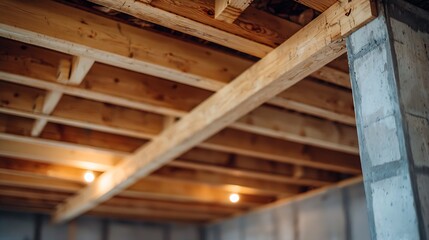 Exposed wooden beams and concrete pillars in ceiling of unfinished basement : Generative AI