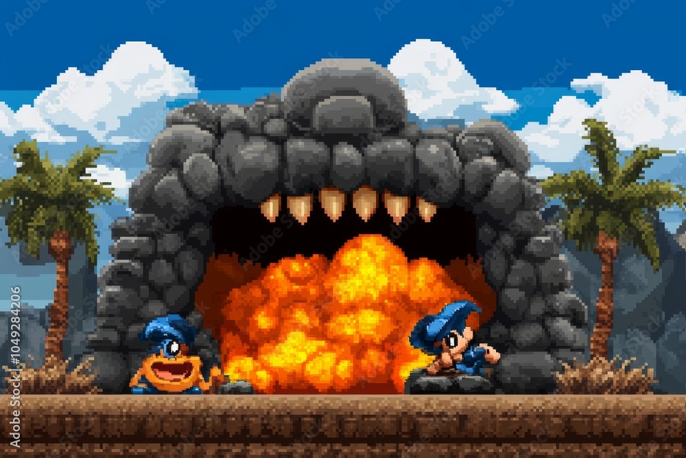 Poster a pixel art scene of a hero taking down the final boss in a retro video game, with pixelated explosi