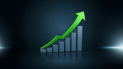 3D bar graph with a rising green arrow on a dark background, indicating growth.