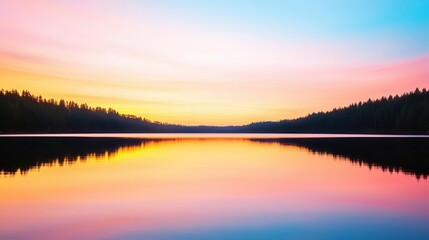 Fototapeta premium Mirrorlike lake at dusk, reflecting vibrant pink and orange sky, sunset lake, evening tranquility