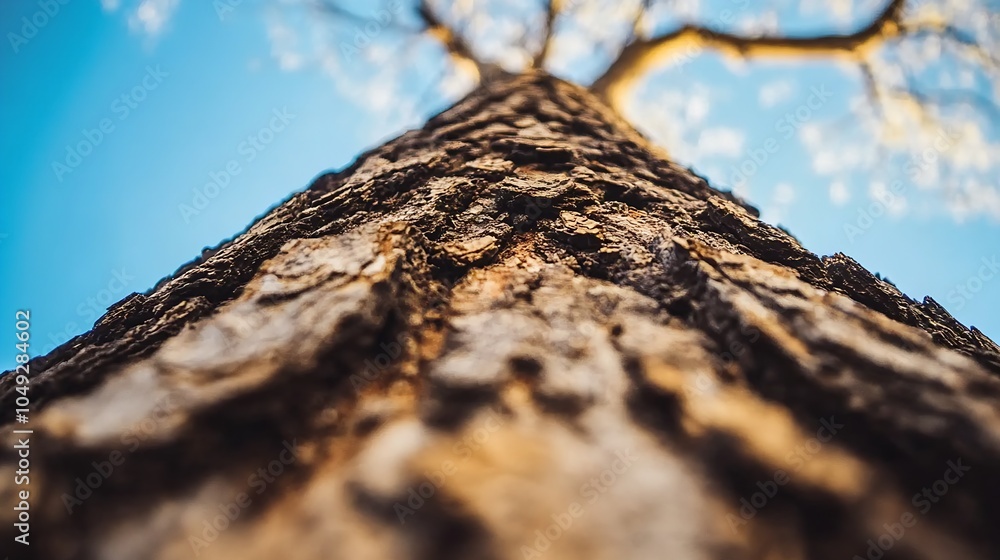 Poster upward view of a tree trunk with textured bark under a blue sky : Generative AI