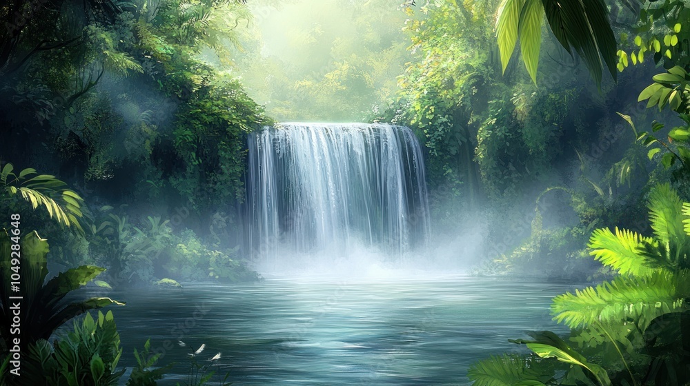 Poster a cascading waterfall flows into a still pool in a lush jungle.