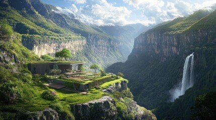 Modern house nestled on a cliff overlooking a cascading waterfall in a lush mountain valley.