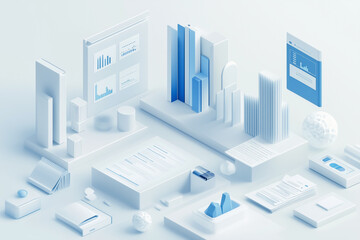 A blue and white gradient isometric illustration of an abstract dashboard with bar charts, books, documents, and computer screens