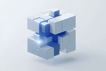 Naklejka premium A blue and white logo featuring an abstract cube with rounded edges made up of smaller cubes in shades of gray, blue, and silver.
